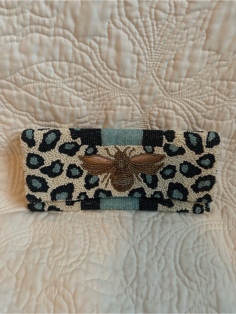 Beaded Leopard Print Clutch with Embellished Bee